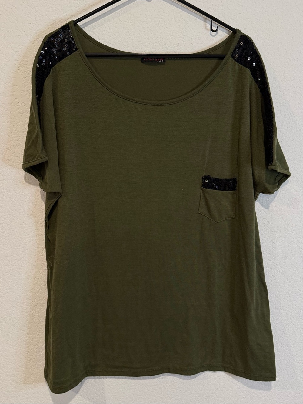 Sequin-Trim Olive Short Sleeve Pocket Tee